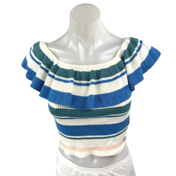 Roxy Multicolor Off The Shoulder Ribbed Knit Ruffle Cropped Sweater Top Size XS - Picture 1 of 4